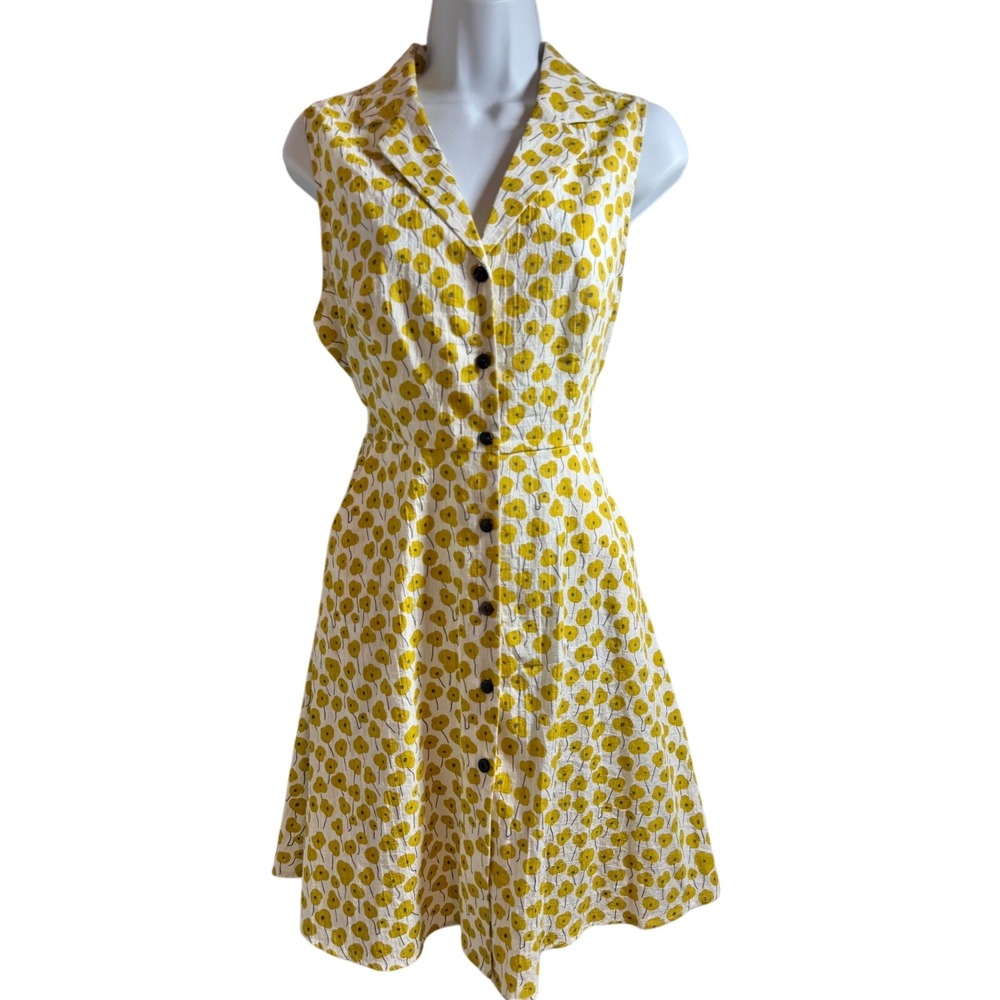 SM Wardrobe Yellow Floral Cotton Button Front Sleeveless Shirt Dress Medium NWOT
